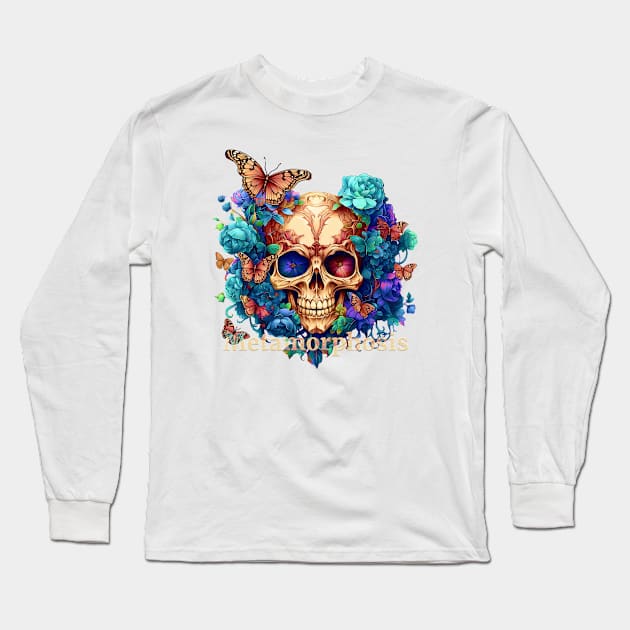 Enchanting Decay, Bloom Skull in a Gothic Garden (Chromatic Version) Long Sleeve T-Shirt by Nebula Nexus